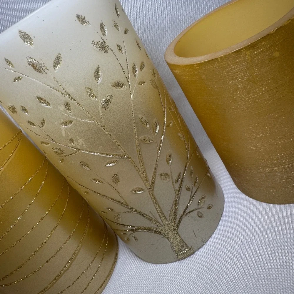 Gold Flameless LED Pillar Candle Set of 5 Glitter Tree & Textured Metallic Decor